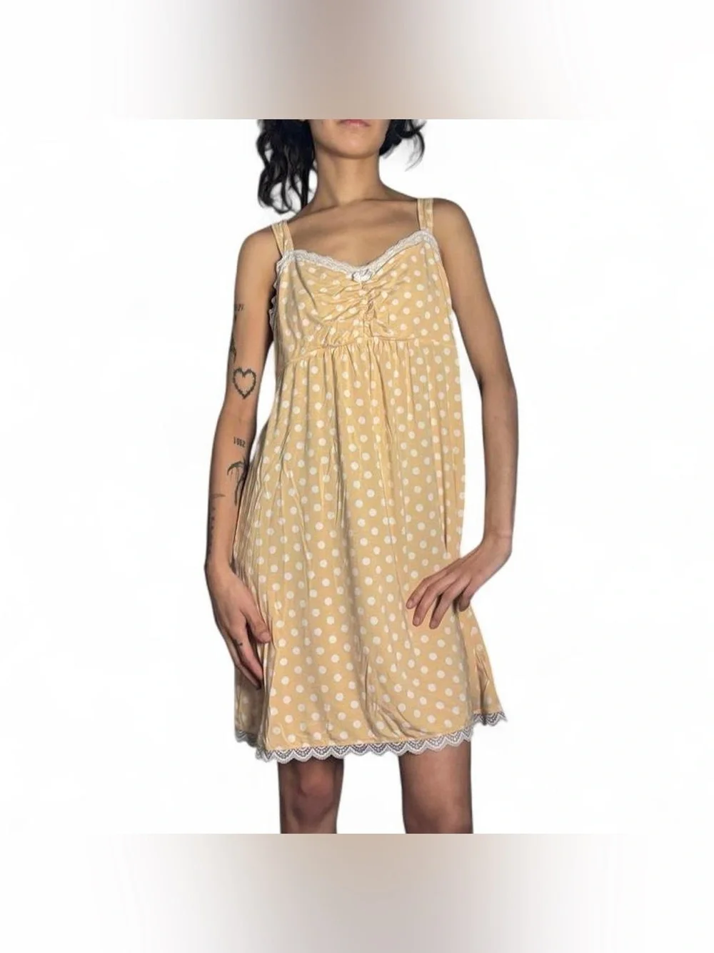 Peach & White Polka Dot Babydoll Slip Dress W Lace Trim by Soma Size Large